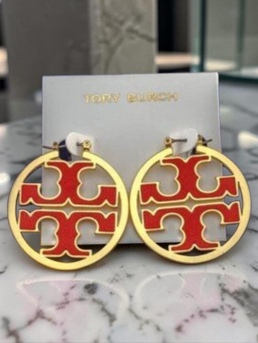 Tory Burch Miller Logo Hoop Earrings in red enamel and gold tone Plus Dustbag